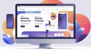 A modern website layout on a laptop screen showing website structure optimization for SEO, focusing on mobile-friendly and responsive design to improve website SEO performance.