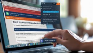 A close-up of the Yoast SEO plugin interface on a laptop screen, highlighting title tags, meta descriptions, and header tags being optimized for SEO with the target keyword in the content