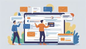 A digital marketer reaching out to influencers and authoritative websites to build high-quality backlinks, with illustrations of guest posts and backlinks linking to a website.