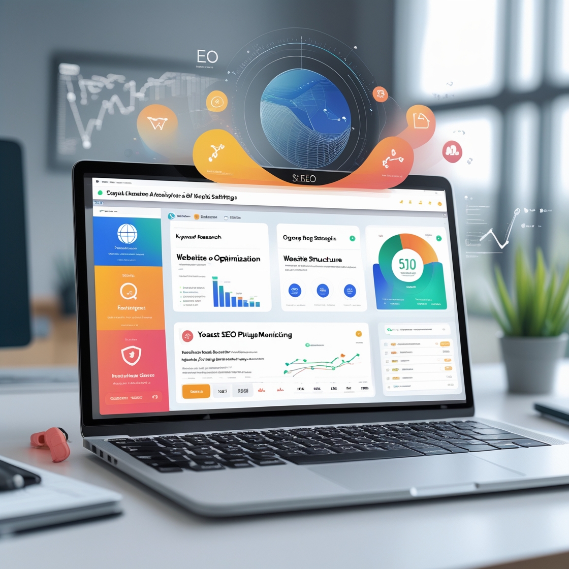 A modern digital marketing workspace featuring a laptop with the screen showing a website's SEO analysis, including keyword research, website structure optimization, and Yoast SEO plugin settings. The image should have icons representing SEO strategies like keyword research, on-page optimization, backlink building, and website performance monitoring. The background should include a clean and professional design, with subtle graphics illustrating organic traffic growth, ranking improvement, and search engine results. The image should feel informative and engaging, with a focus on boosting website SEO.