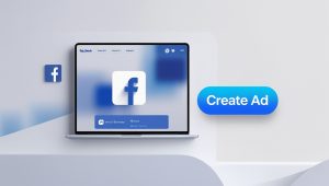 A laptop displaying the Facebook ad creation interface with a blue "Create Ad" button, along with a Facebook logo icon.