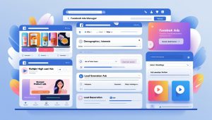 Interface of Facebook's advertising platform with multiple windows for creating different types of ads.