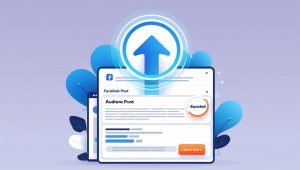 A Facebook ad displayed on a smartphone with an arrow pointing upwards.