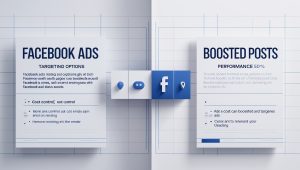 Visual comparison of Facebook Ads and Boosted Posts, outlining targeting options and performance.