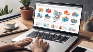 A professional ecommerce website interface on a laptop with product pages, optimized images, and clear site structure. The screen should show SEO optimization tools like keyword research, meta tags, and product descriptions in the process of being optimized.