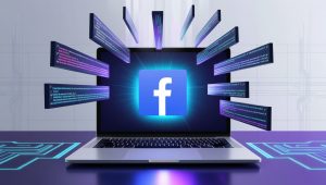 D illustration of code snippets floating above a laptop with a glowing Facebook Pixel icon – tech background, futuristic, clean UI.