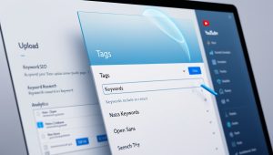 A close-up of a computer screen showing the YouTube video upload interface, with the "Tags" section highlighted. Keywords being typed. Clean and professional interface, SEO tools in sidebar.
