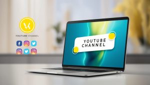 A modern YouTube channel homepage with a clean banner, professional logo, and linked social media icons, shown on a laptop screen. Bright and appealing color scheme.