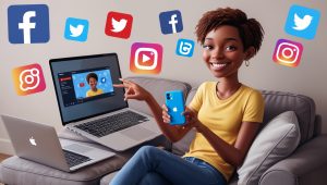 A person sharing a YouTube video on multiple social media platforms (Facebook, Twitter, Reddit, Instagram) from a phone and laptop. Illustration style with social media logos floating around.